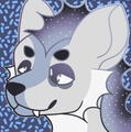 A light grey, light blue, purple, and black striped hyena character looking straightforward directly at the screen