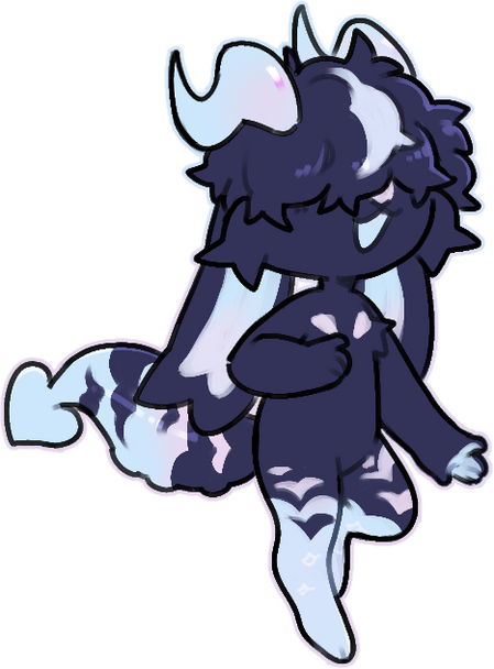 A deep blue-ish purple character with light blue horns pointing backwards with light pink highlight and hair covering his eyes and an imptail that is also lightblue with some light pink as well