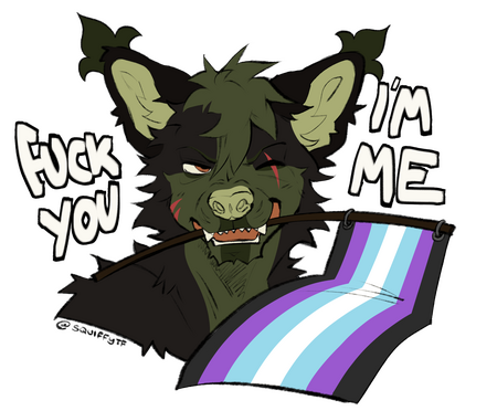 a canine character who is different shades of green and dark grey with bright red-orange scars on his left cheek and over his right eye holding a dark grey, purple, light blue, and white stripped flag that is called the Neoboy Pride flag