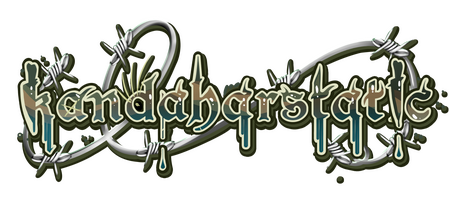 a logo saying 'kandaharstatic' that is wrapped in barbed wire and has a knife replacing the i and all the letters are dripping