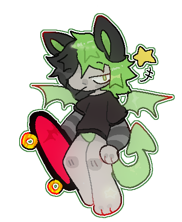 A green and black haired tan bodied canine looking character holding a red skateboard